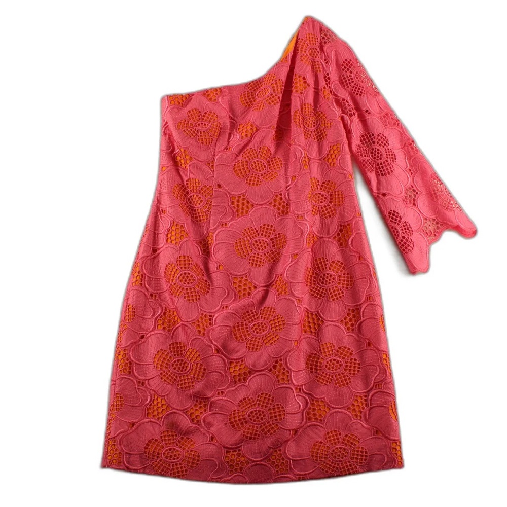 One shoulder silk shift orange dress with pink coral lace overlay